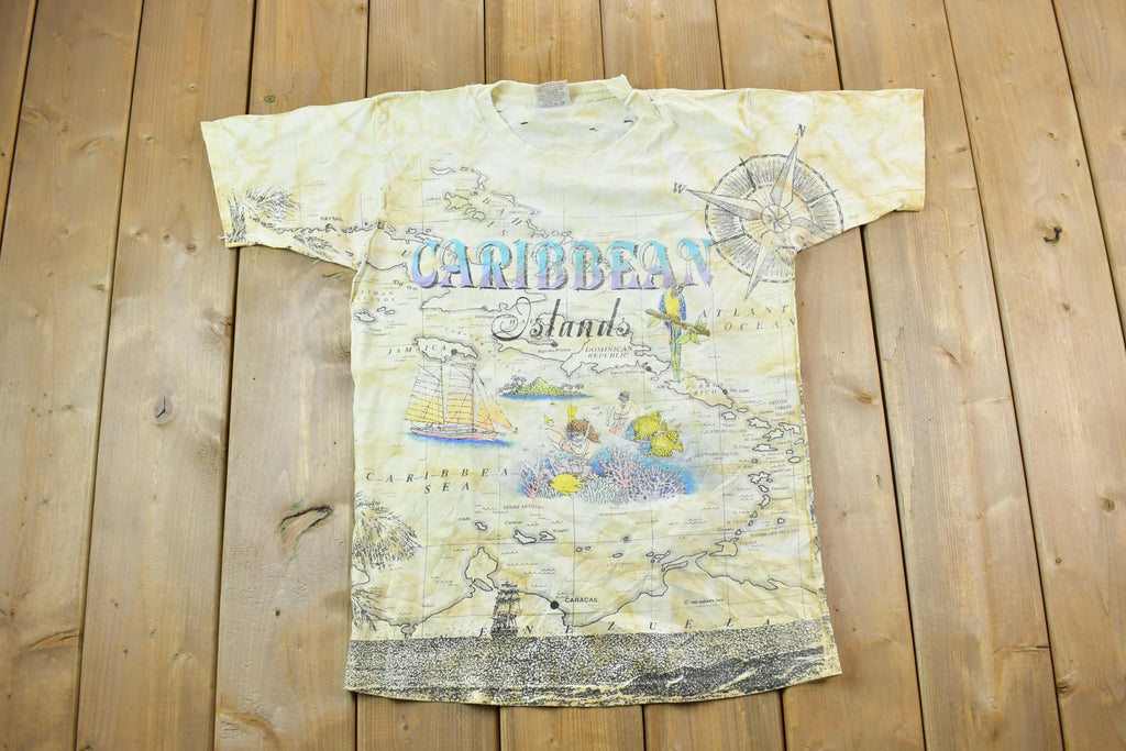 Vintage 1992 Caribbean Islands All Over Print Sneaky Tees Souvenir T-Shirt