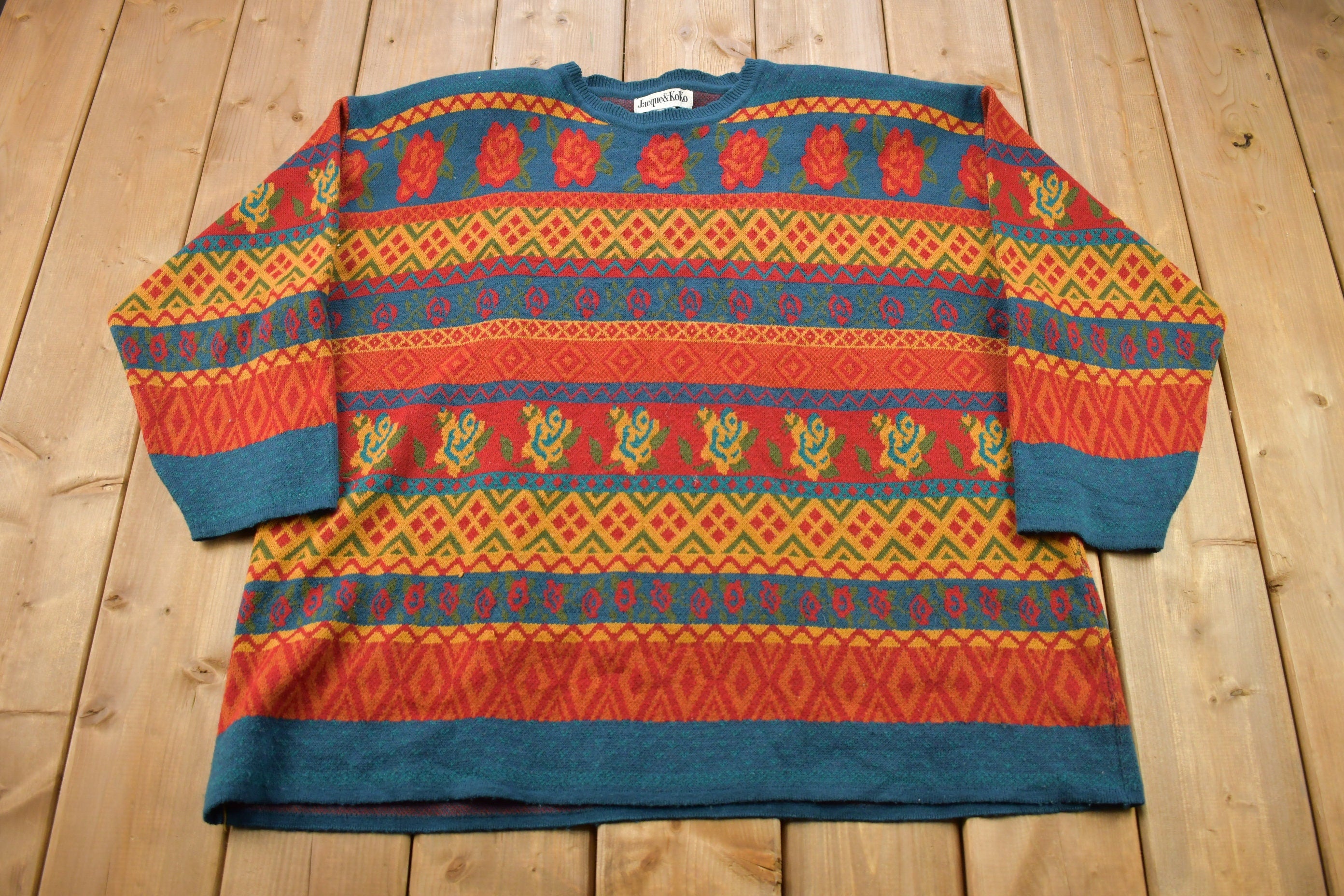 Vintage 1990s Patterned Knitted Crewneck Sweater