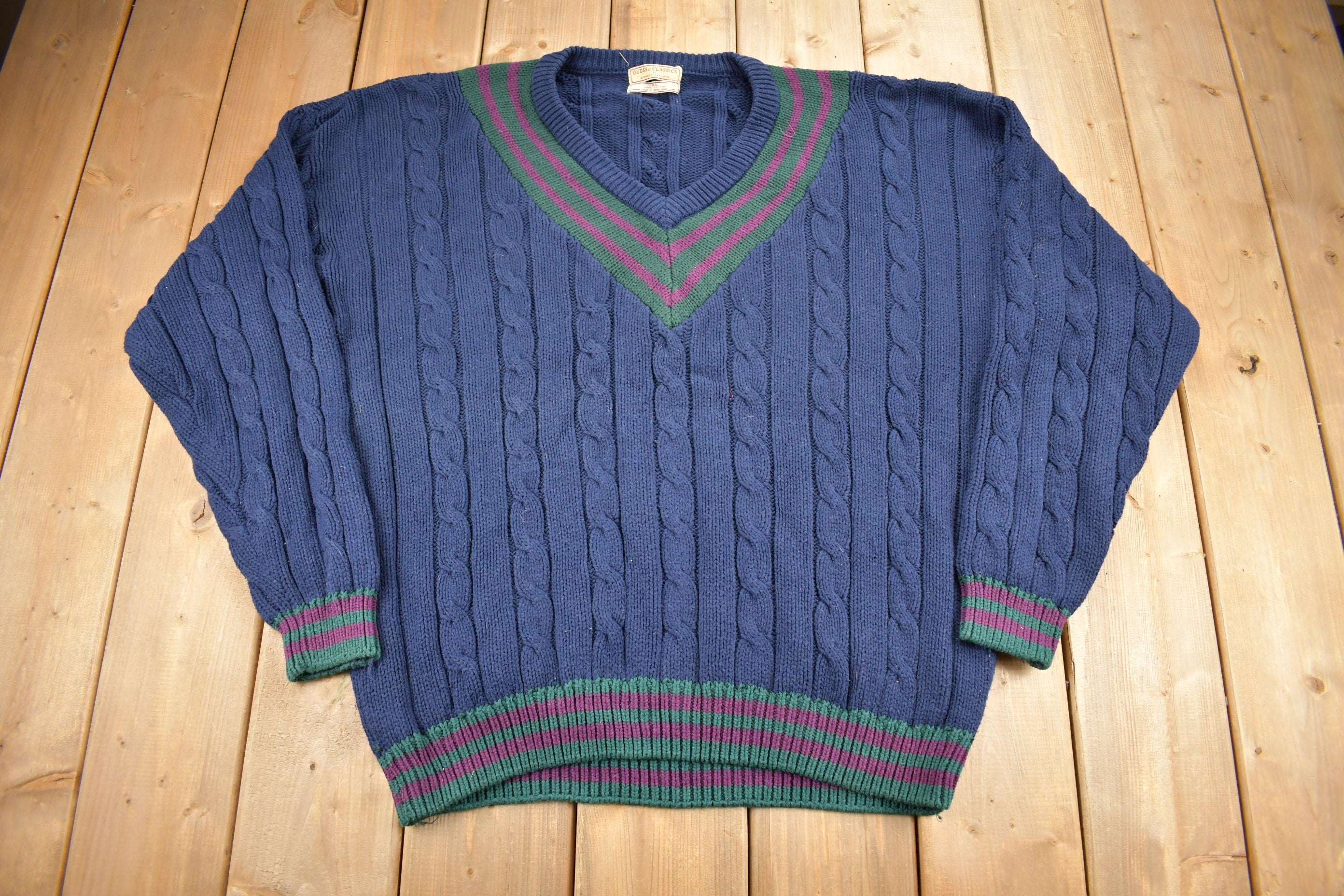 Vintage 1990s Guess Classics V-Neck Knit Colligate Sweater