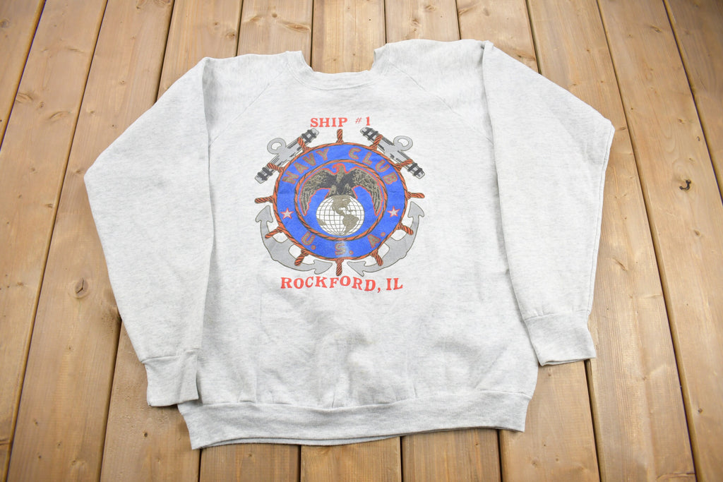 Vintage 1990s Navy Club Crewneck Sweatshirt / 90s Crewneck / Made IN USA / Streetwear / Rockford Illinois