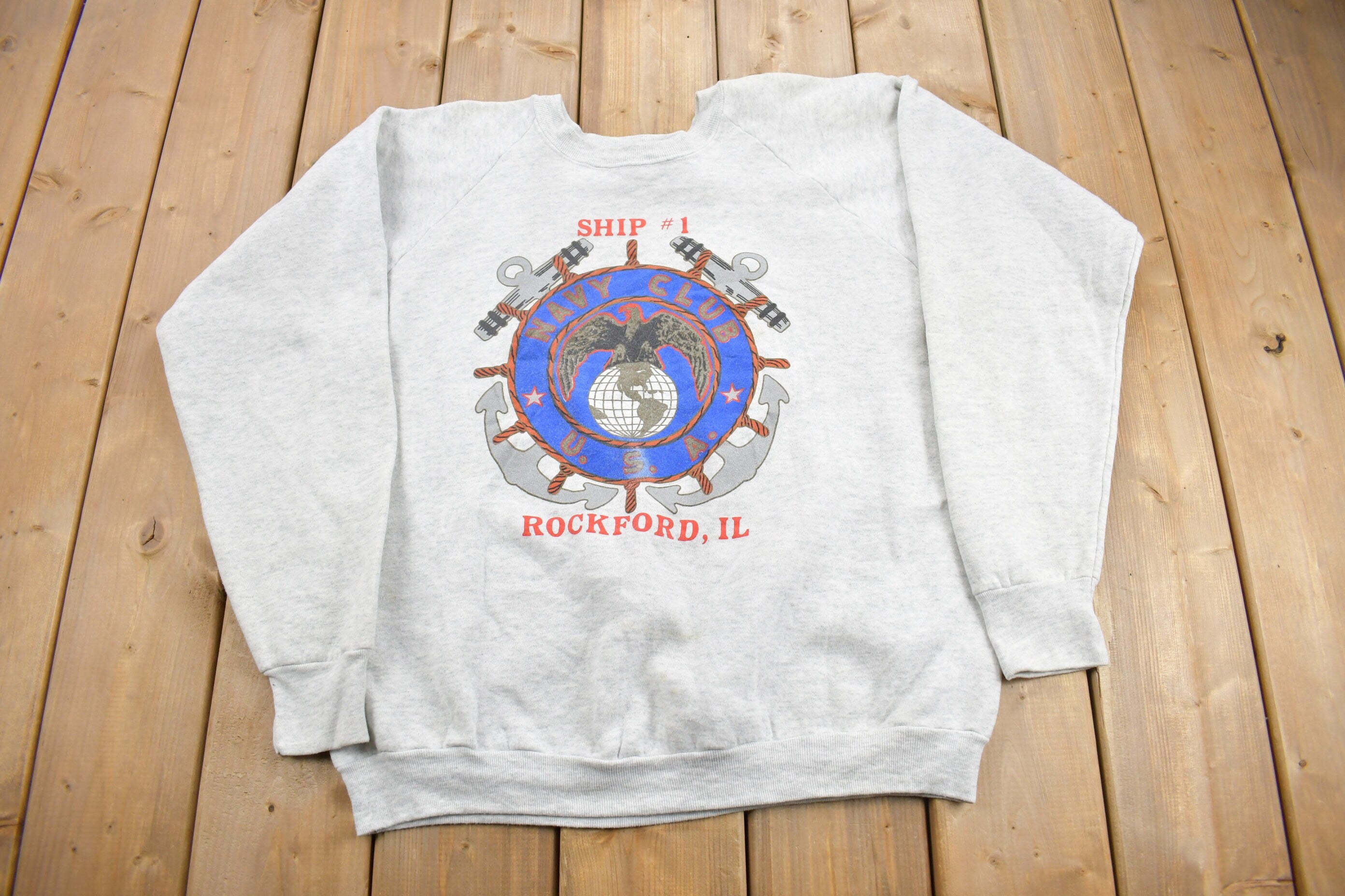 Vintage 1990s Navy Club Crewneck Sweatshirt / 90s Crewneck / Made IN USA / Streetwear / Rockford Illinois