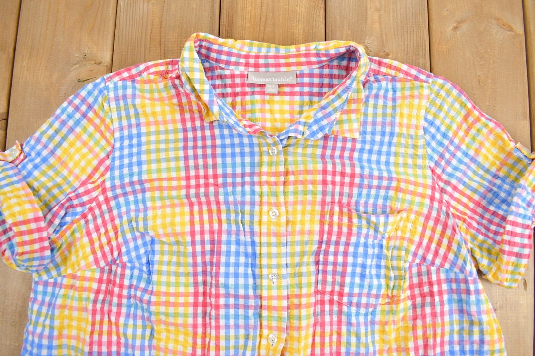 Vintage 1990s Checkered Womens Short Sleeve Button Up Shirt