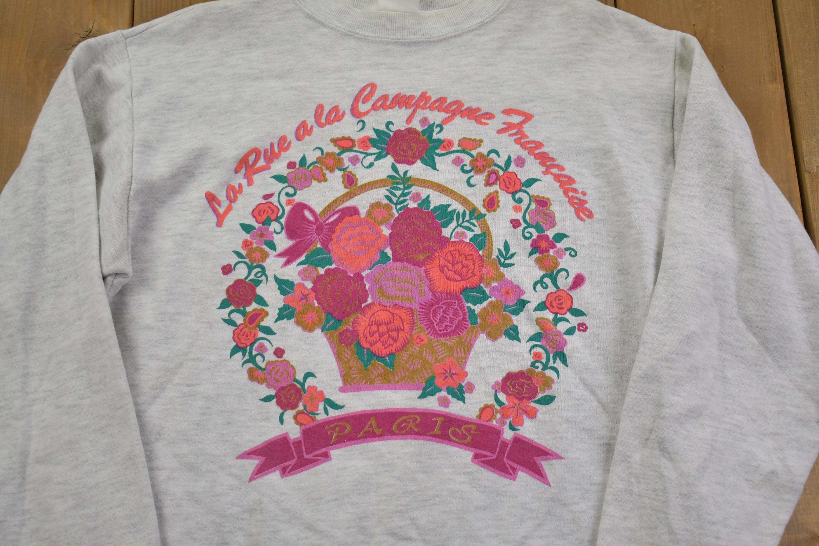 Vintage 1990s Cute Grandma Style Flower Basket Print Crewneck Sweater Made In USA