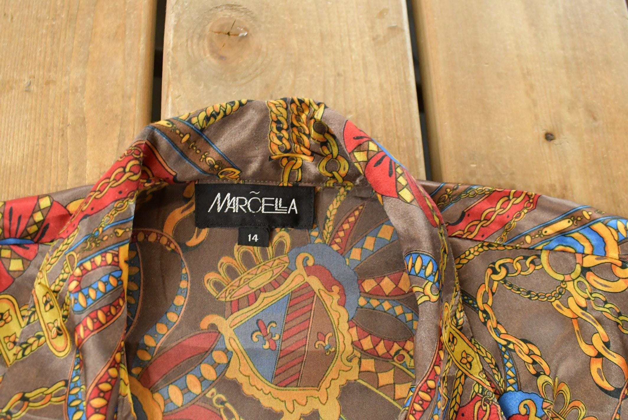 Vintage 1990s Marcella Silk Style Button Up Shirt Women's XL / 90s Shirt / Abstract Pattern / Casual Shirt / All Over Print
