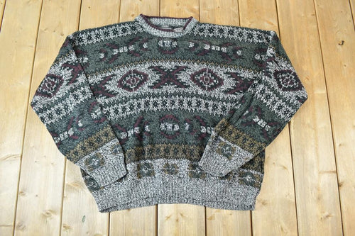 Vintage 1990s Expressions Knit Abstract Pattern Crewneck Sweater / 90s Crewneck / Preppy Knits / Wool Blend / Cotton Blend