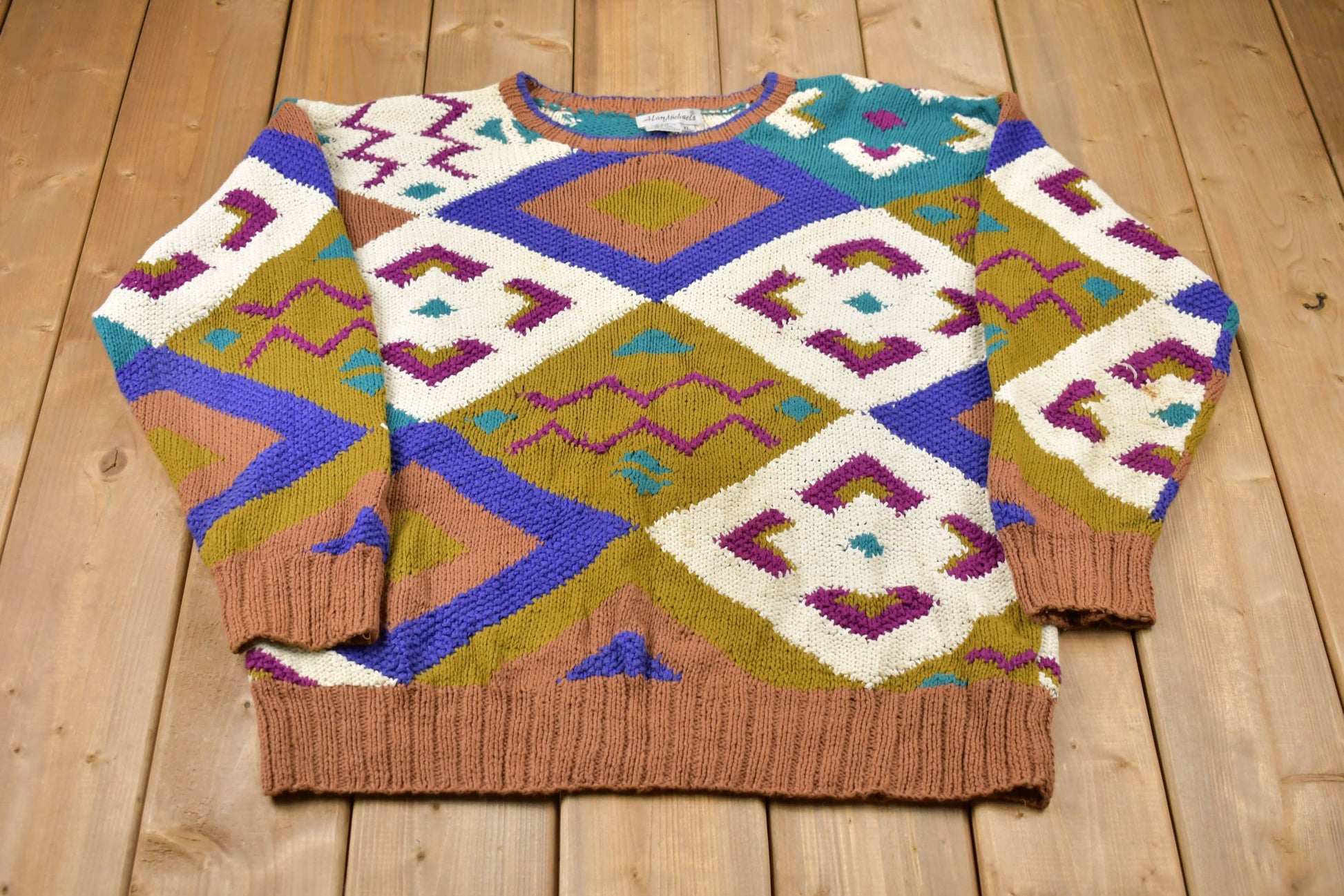 Vintage 1980s Alan Michaels Knitted Sweater Vintage 80s Crewneck Pattern Sweater