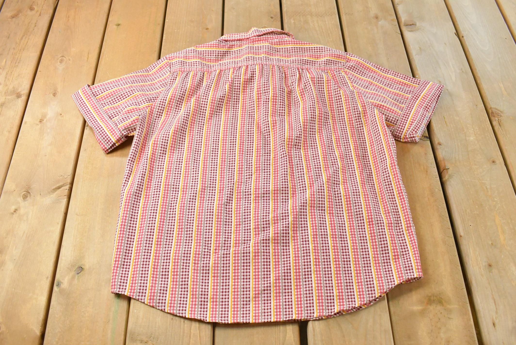 Vintage 1970s Gingham Plaid Short Sleeve Button Up Shirt Women's L /