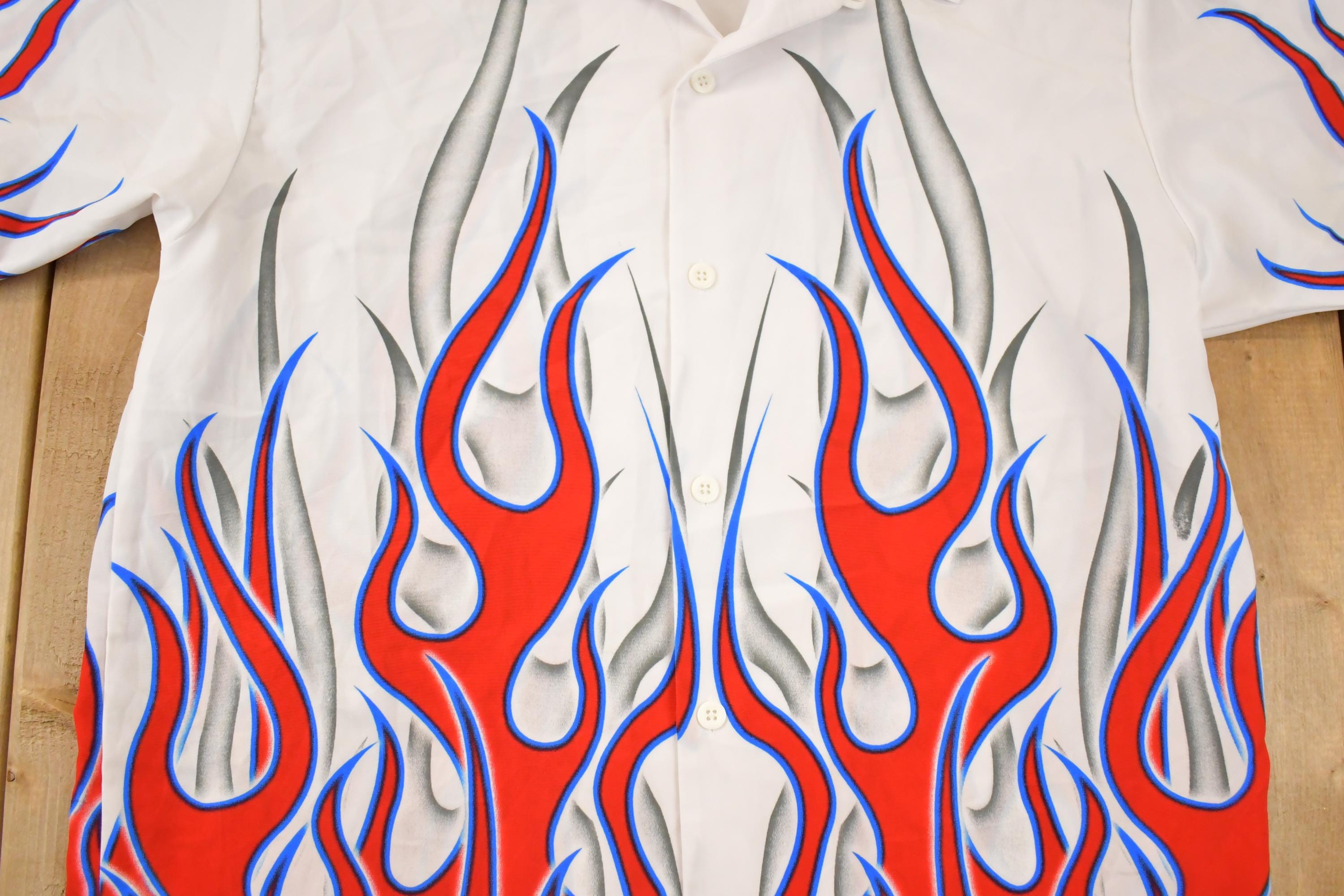 Vintage 1990s Flames AOP Rock Button Up Shirt Men's XL