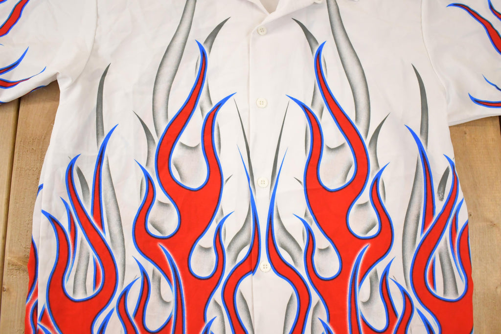 Vintage 1990s Flames AOP Rock Button Up Shirt Men's XL / Fire Pattern / Rock Style / Boxy Fit