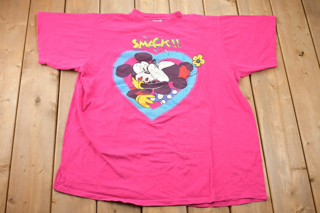 Vintage 1990s Disney Mickey and Minnie Mouse Smack Kiss Heart T-Shirt Cartoon Character  90s  Retro Style  Made in USA  Single Stitch