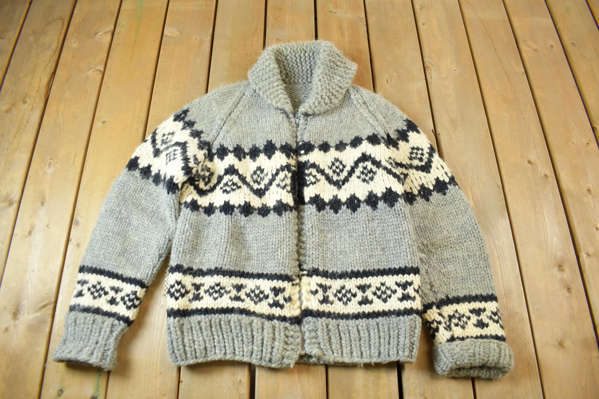 Vintage 1950s Hand-Knit Grey Cowichan Sweater