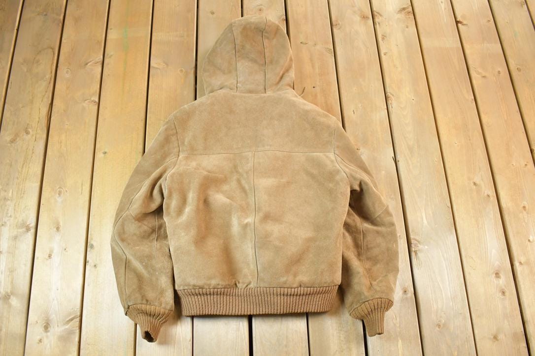 Vintage 1970s William Barry Suede Leather Hooded Jacket Coat Perfectly Distressed Made In USA