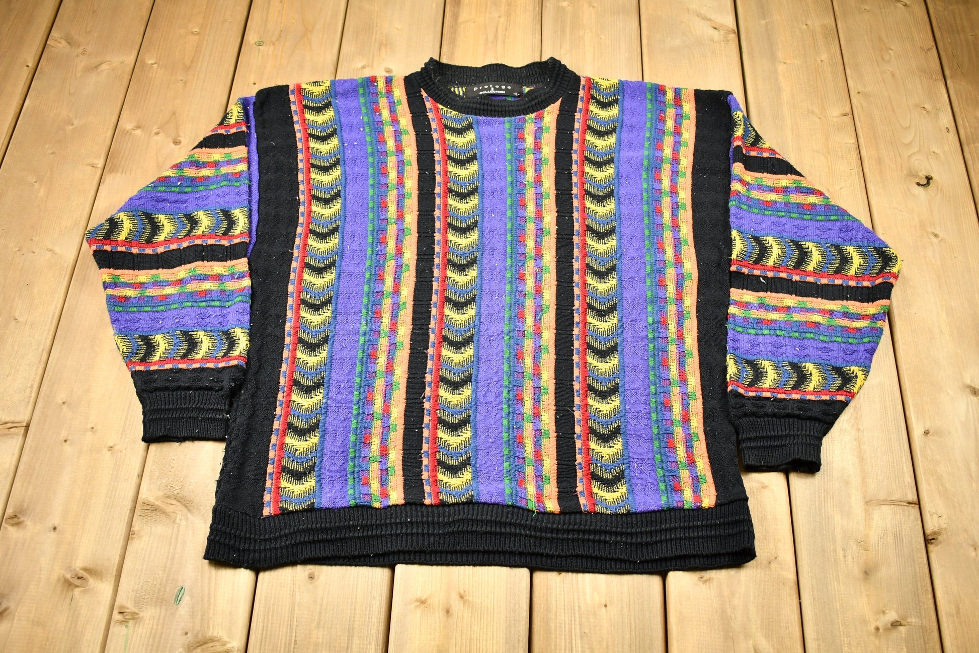 Vintage 1990s 3D Cable Knit Protégé Sweater / Vintage 90s Crewneck / Abstract Patterns / Jacquard Crewneck / Streetwear /