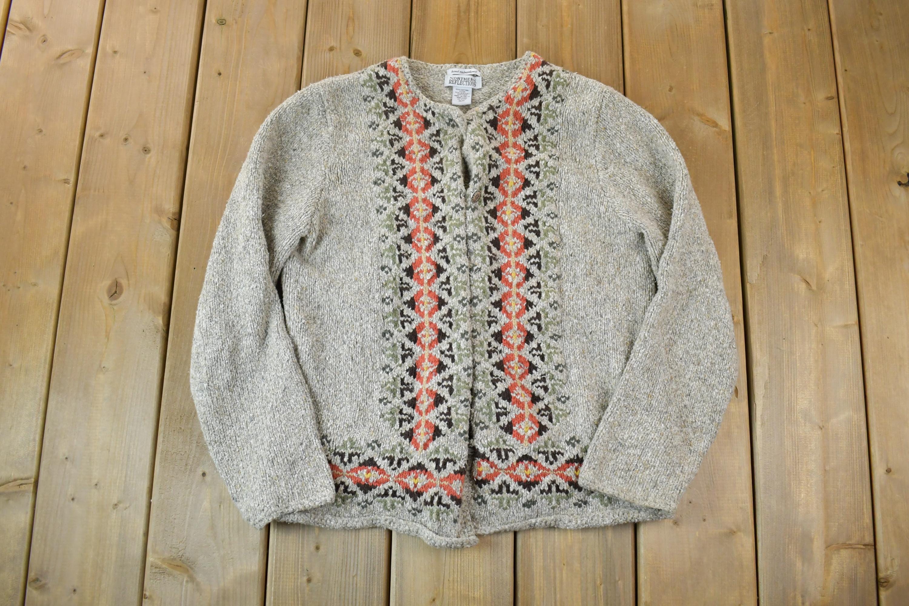 Vintage 1990s Northern Reflections 3D Colored Cable Knit Button Up Crewneck Sweater