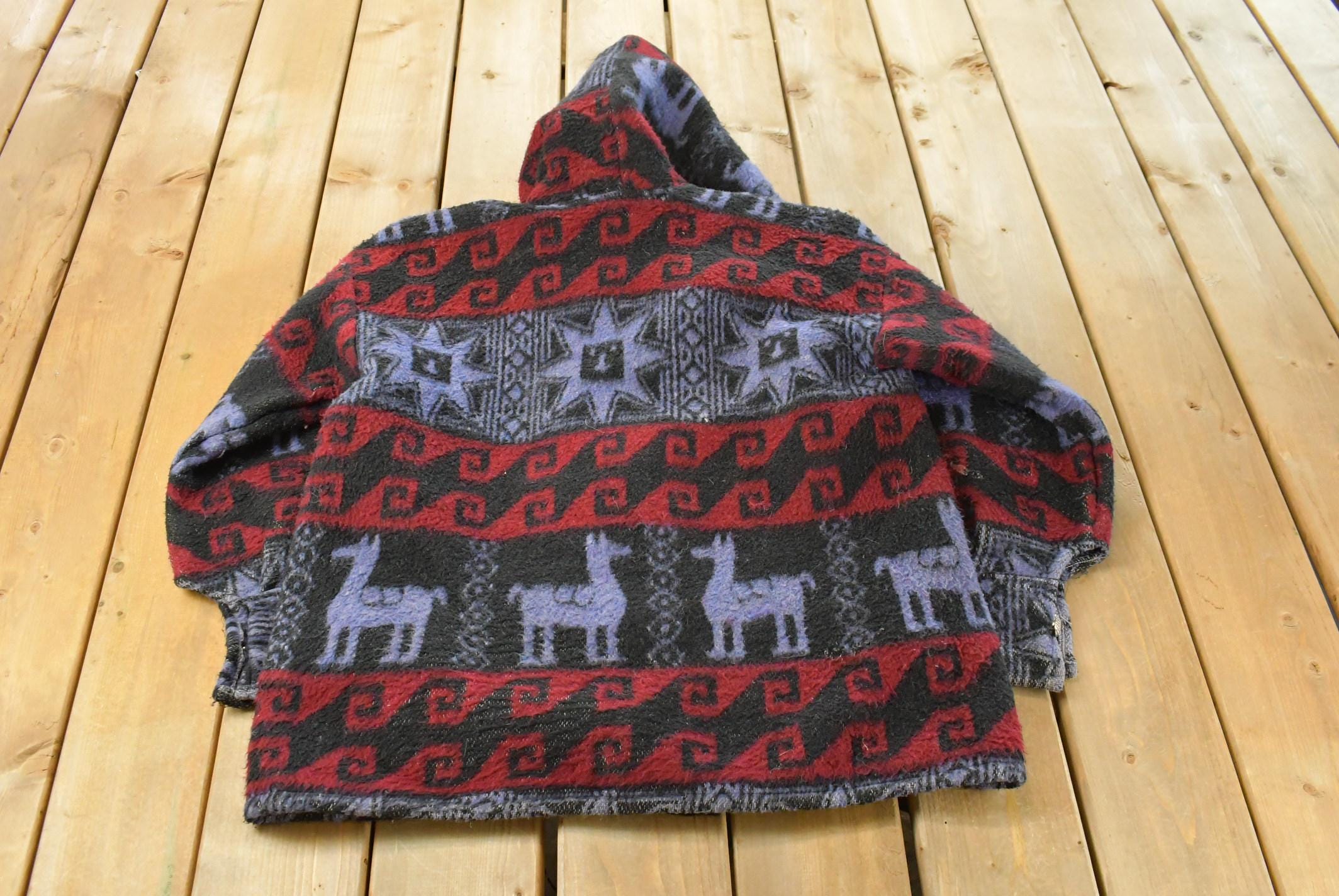 Vintage 1980s Ecuador Native Wool Hand Knit Hoodie Sweater Men's XL