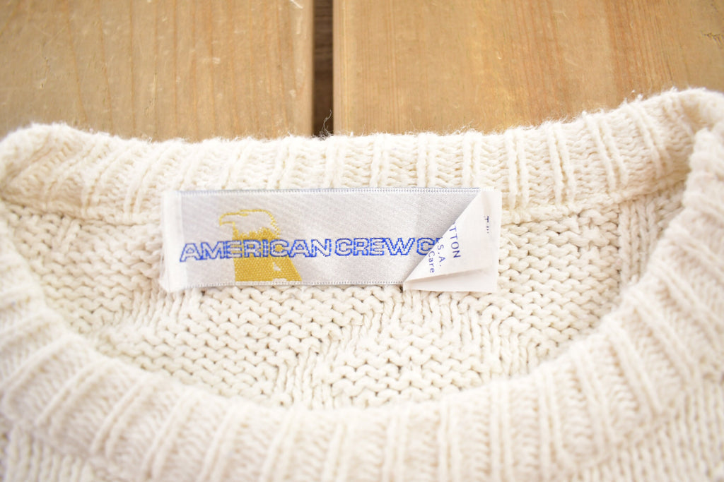 Vintage 1980s American Crew White Cable Knit Crewneck Sweater