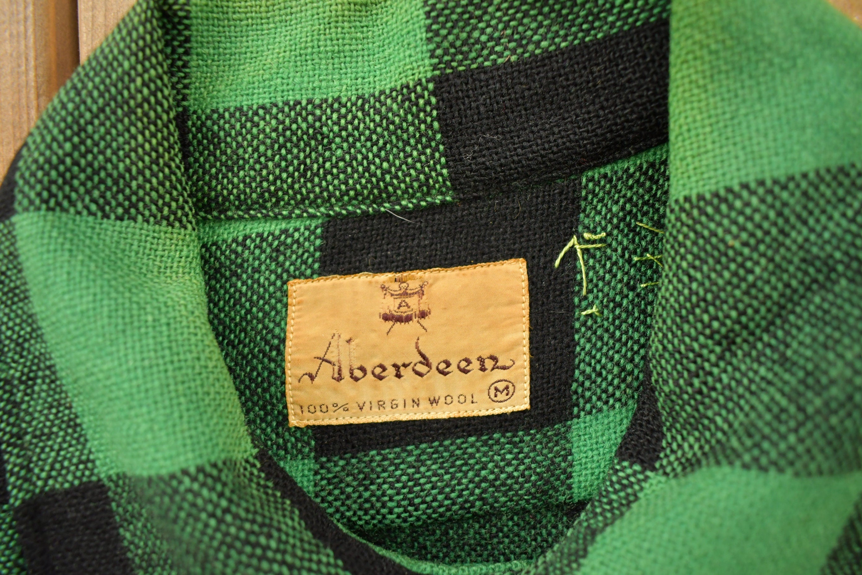 Vintage 1950s Aberdeen Green Buffalo Plaid Wool Button Up Shirt