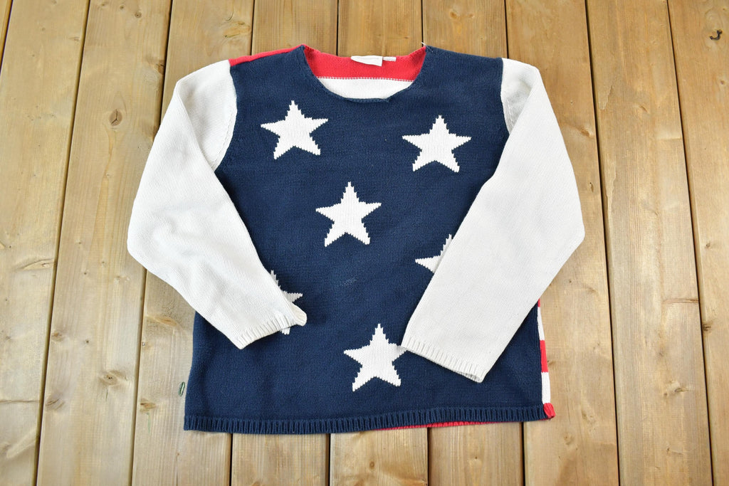 Vintage 1990s Liz Claiborne AOP Cropped Style American Flag Knit Crewneck Sweater