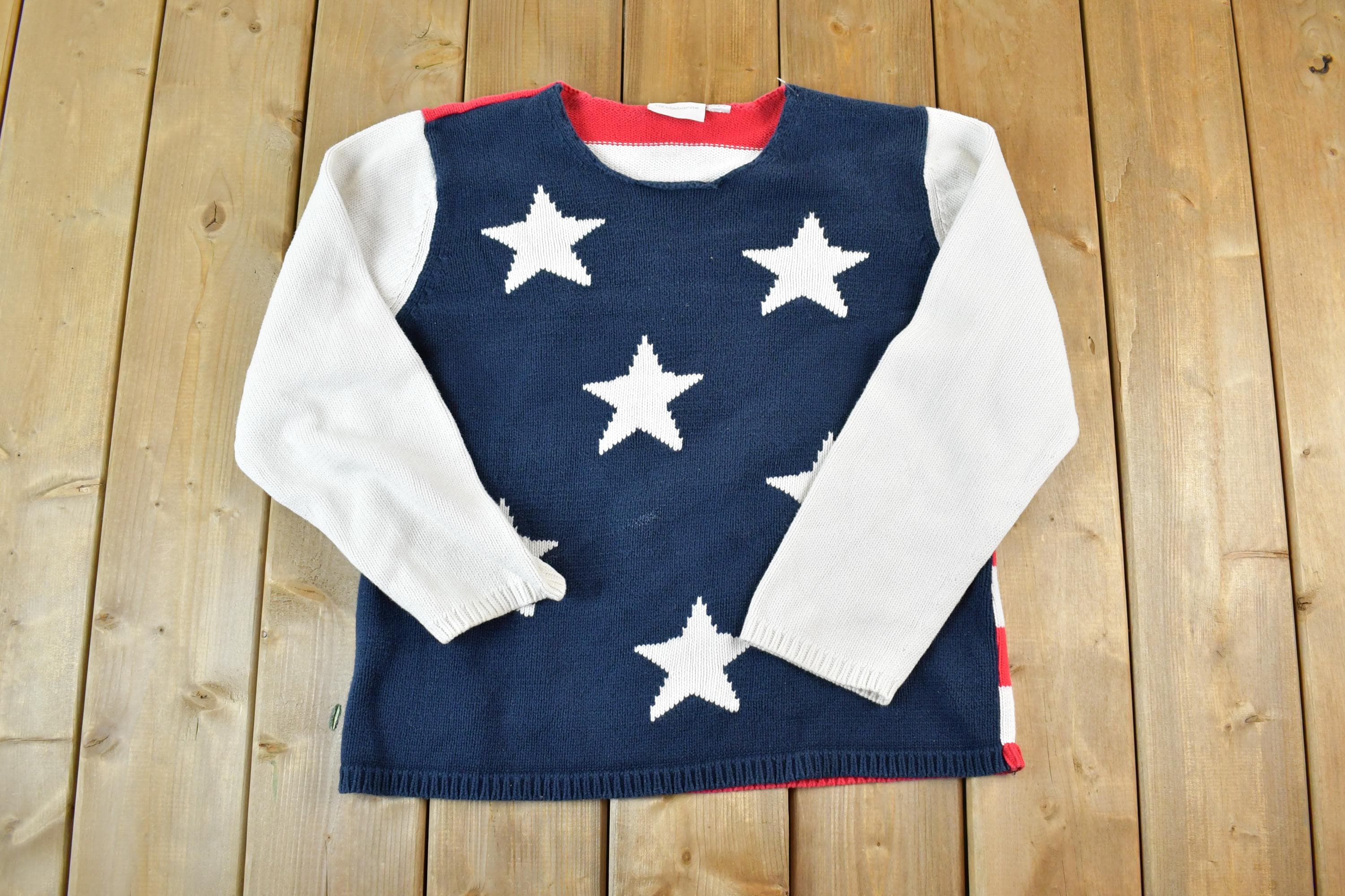 Vintage 1990s Liz Claiborne AOP Cropped Style American Flag Knit Crewneck Sweater