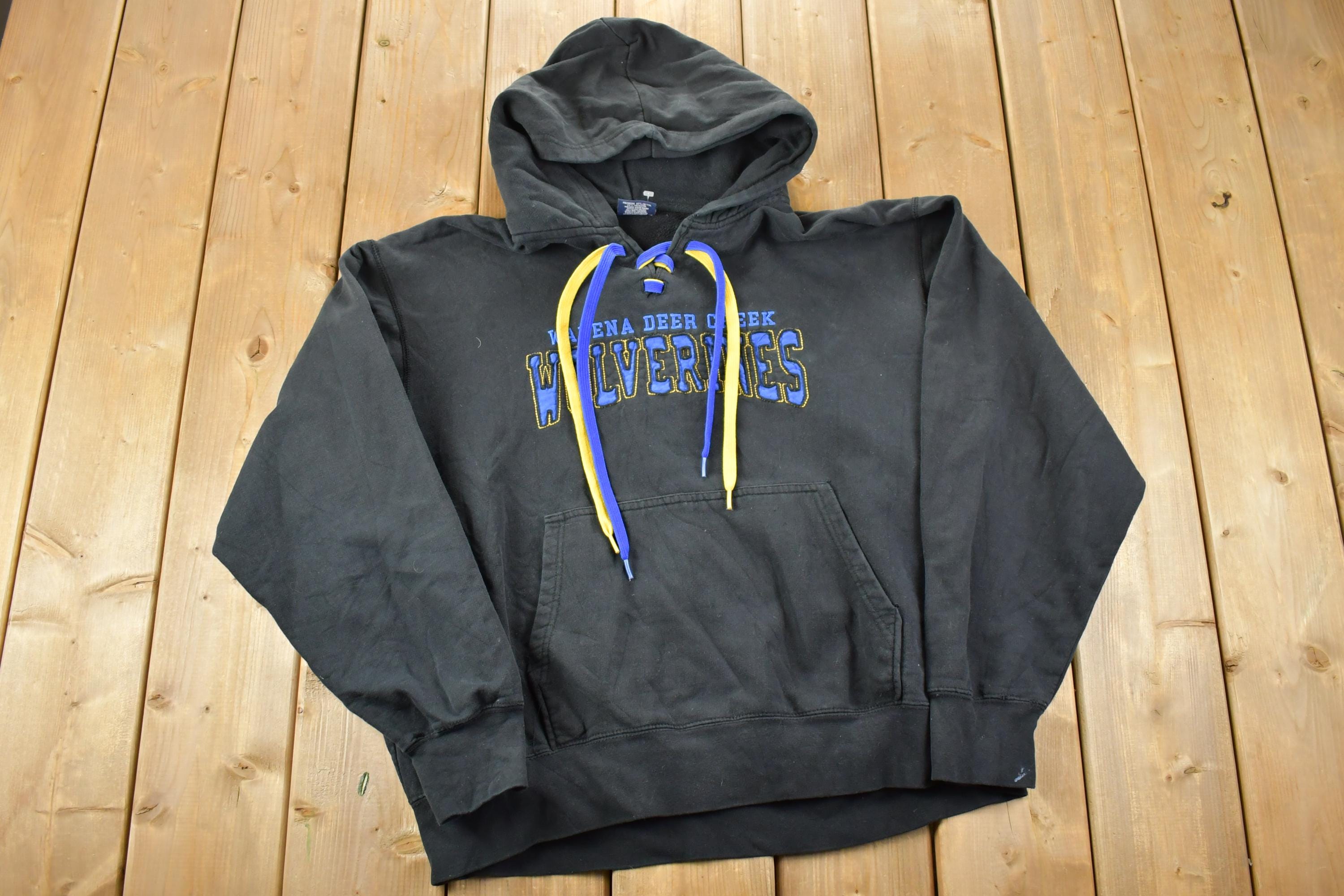 Vintage 1990s Wadena Deer Creek Wolverines Hockey Hoodie Sweatshirt