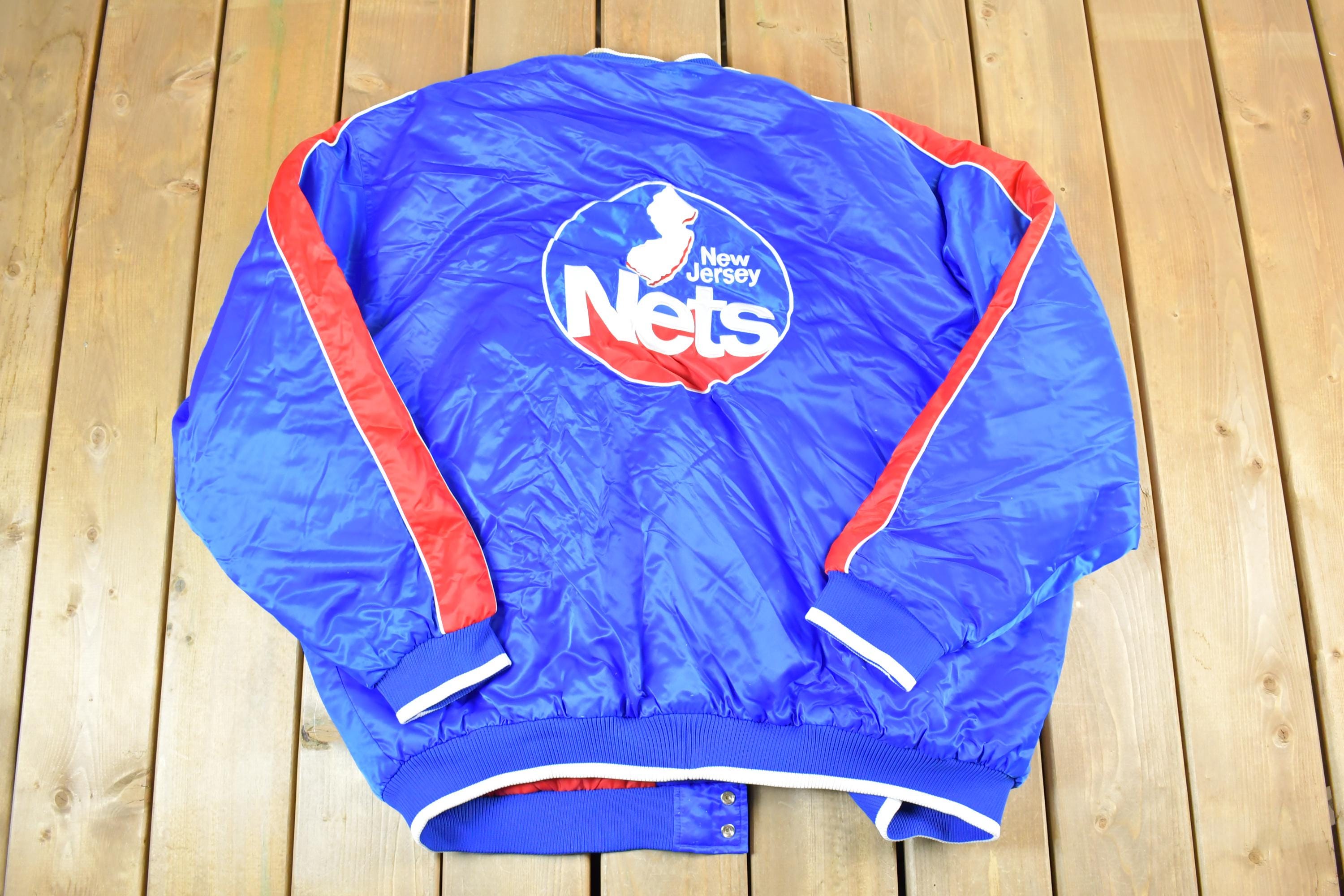 Vintage 1990s New Jersey Nets Hardwood Classics Satin Button Down Puffer Bomber Style NBA Basketball Jacket
