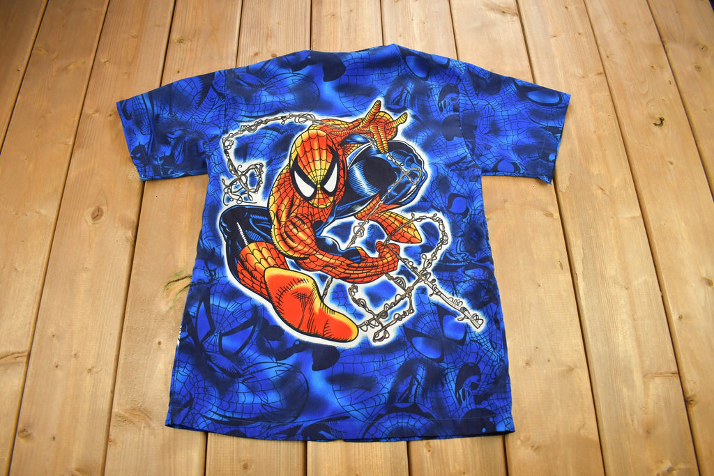 Vintage 2002 Spiderman All Over Print Button Up T-Shirt