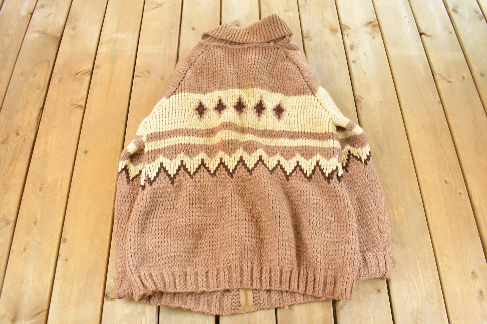 Vintage 1970s Cowichan Full Zip Hand Knit Sweater Men's Large