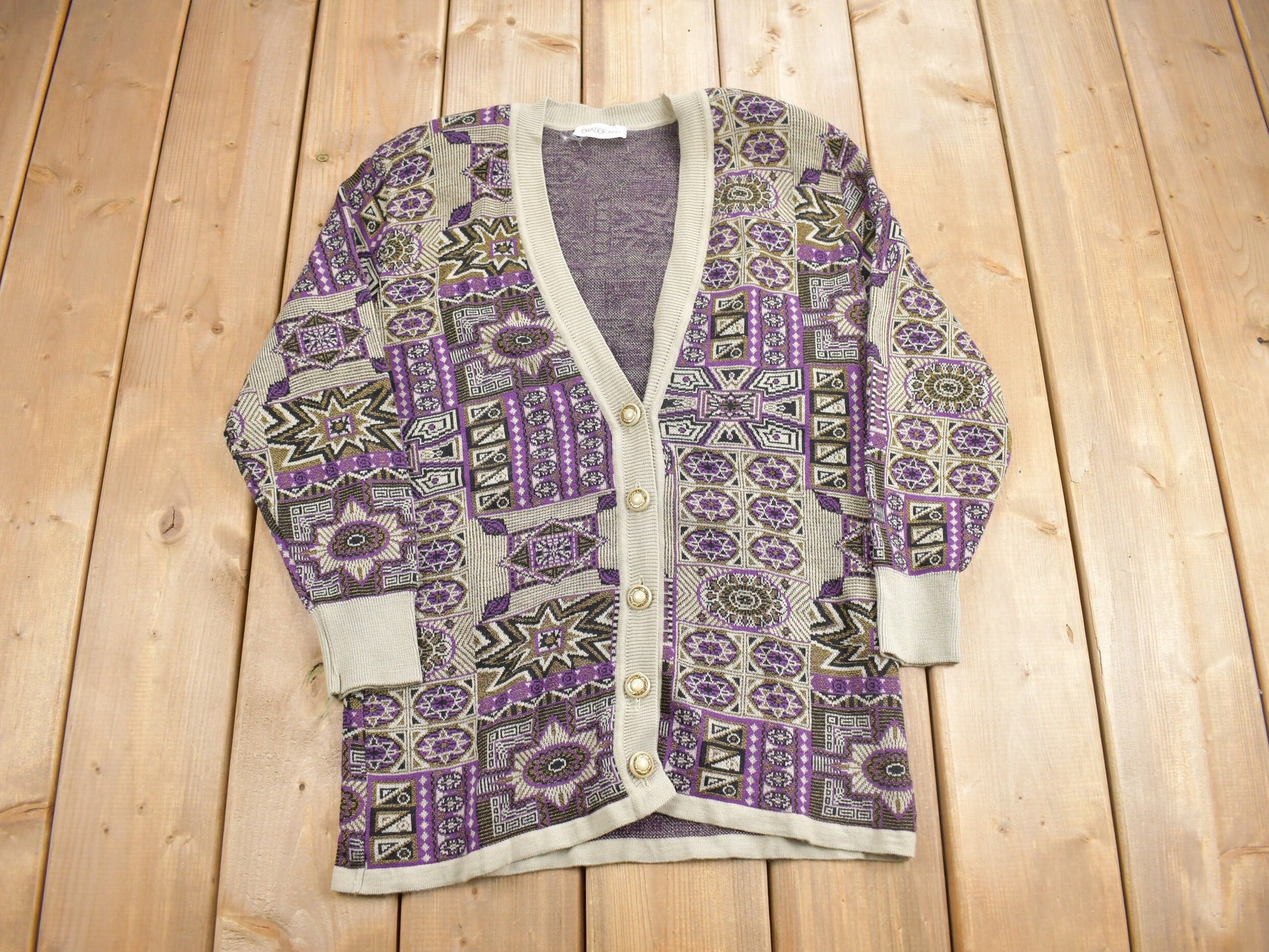 Vintage 1990s Chadorian All Over Print Knit Cardigan Sweater