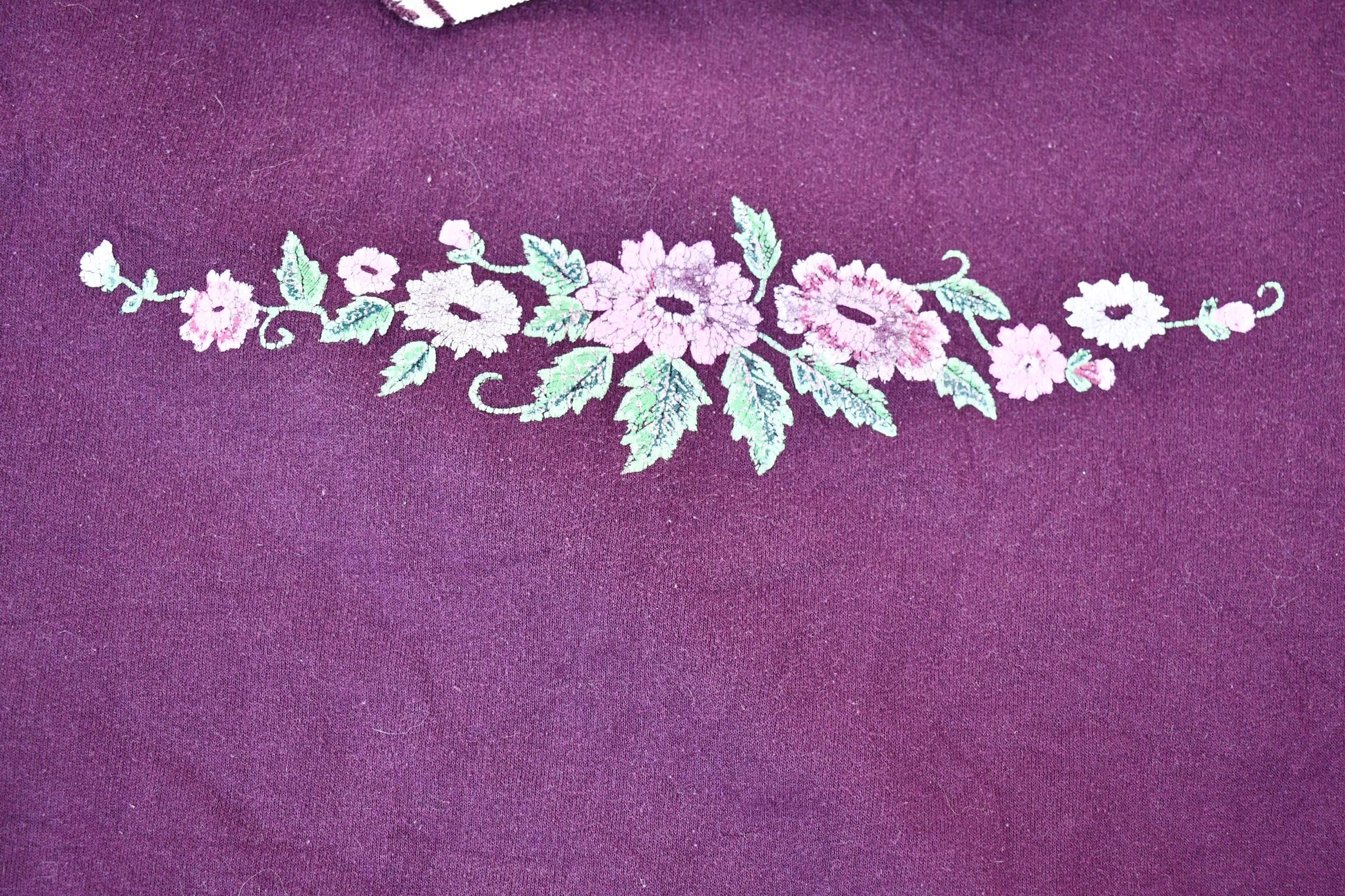 Vintage 1990s Dark Purple Floral Collared Graphic Sweatshirt / 90s Crewneck / Grandma Sweater