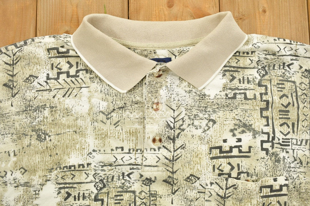 Vintage 1990s Harbor Bay Aztec All Over Print Collared Polo Shirt