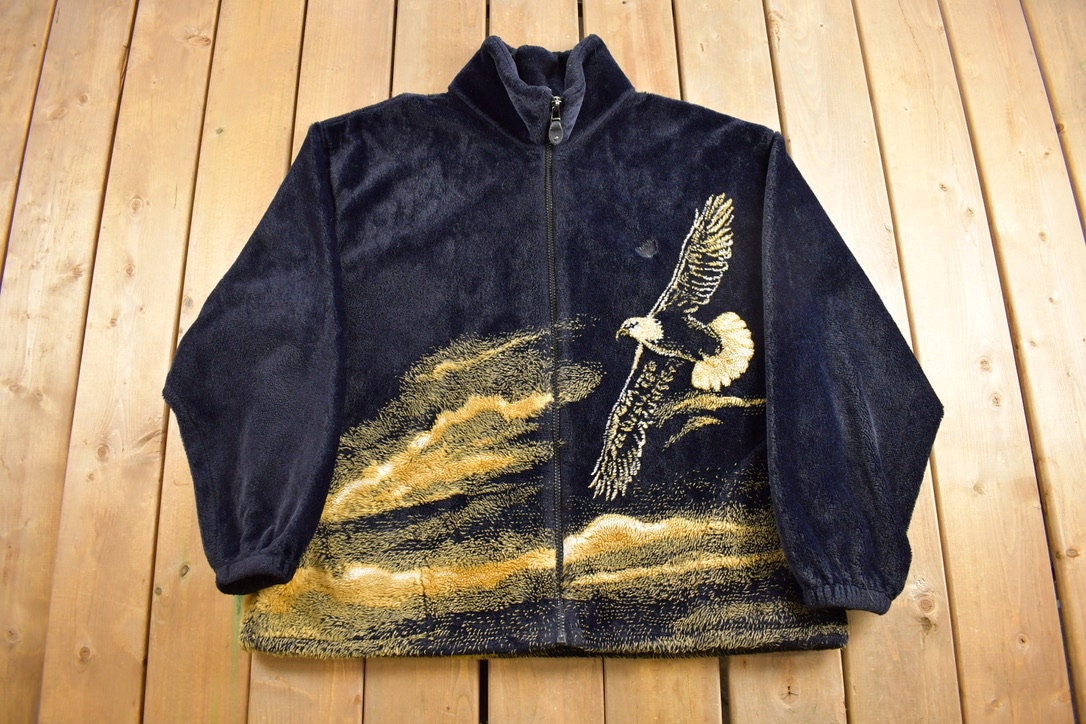 Vintage 1990s Great Blue Hero Eagle Theme Graphic Fleece Sweater