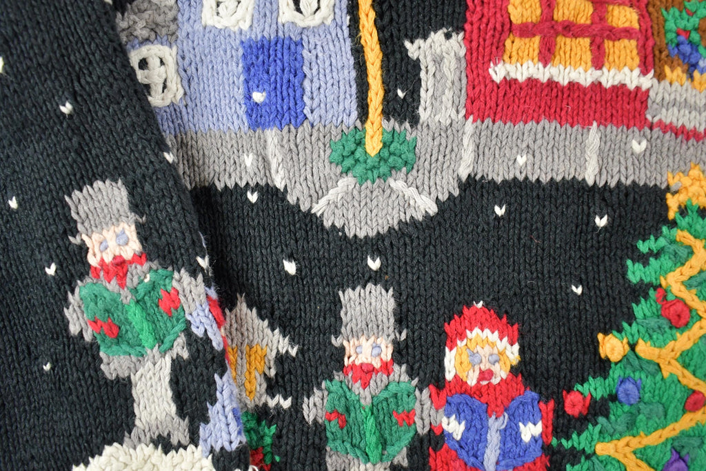 Vintage 1990s Northern Isles Christmas Town Button Up Cable Knit By Hand Crewneck Sweater