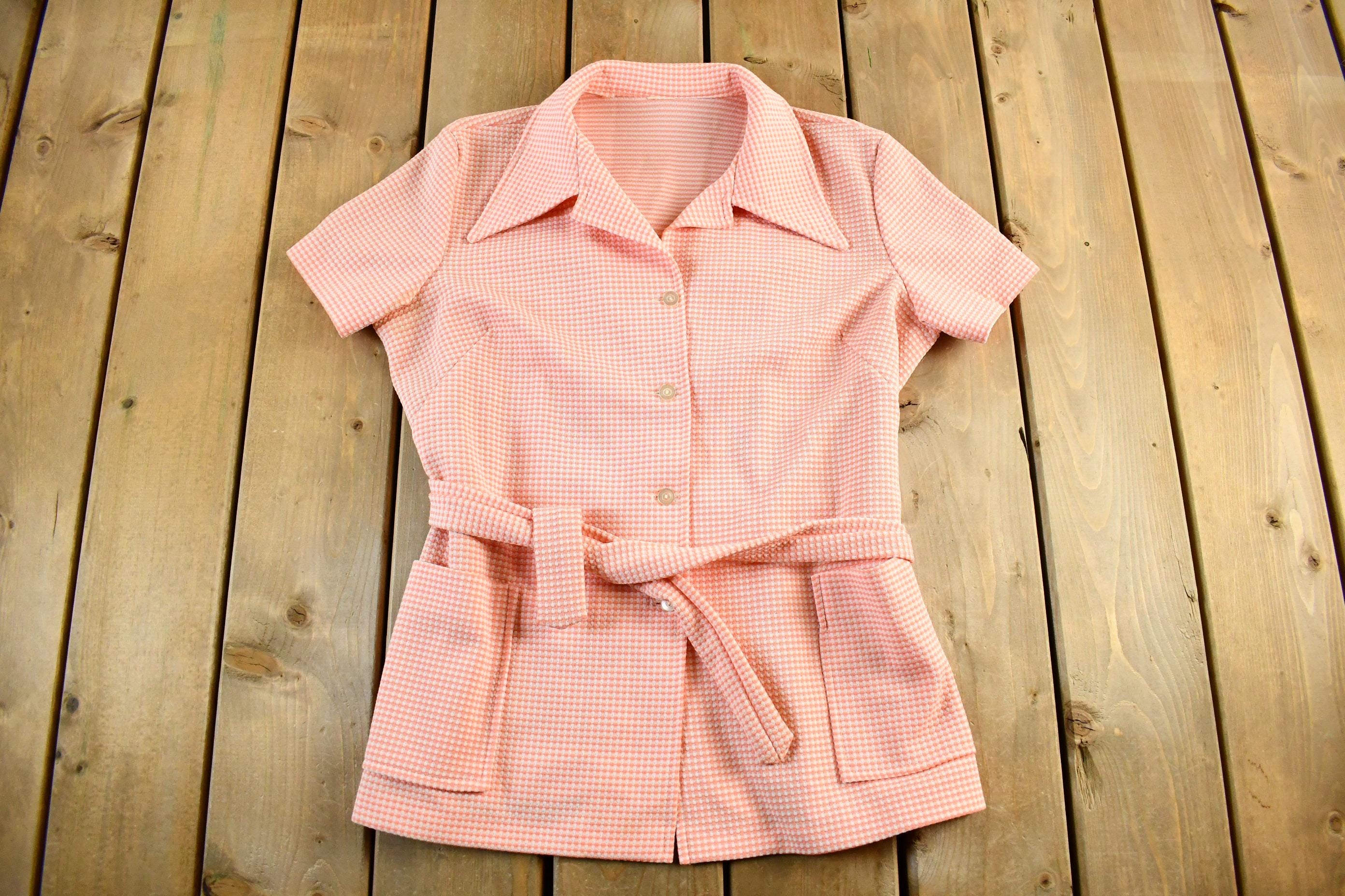 Vintage 1970's Checkered Pattern Button Up Shirt Women's Medium  Disco Collar  Preppy True Vintage