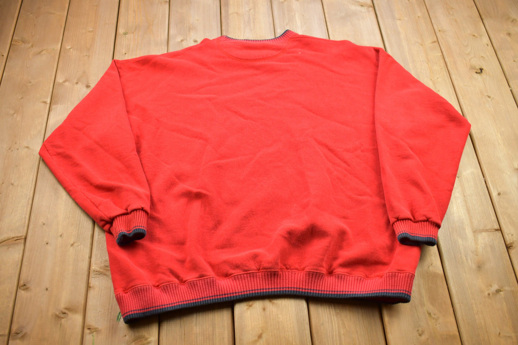 Vintage 1990s Striped Cuff Blank Red Crewneck Sweatshirt