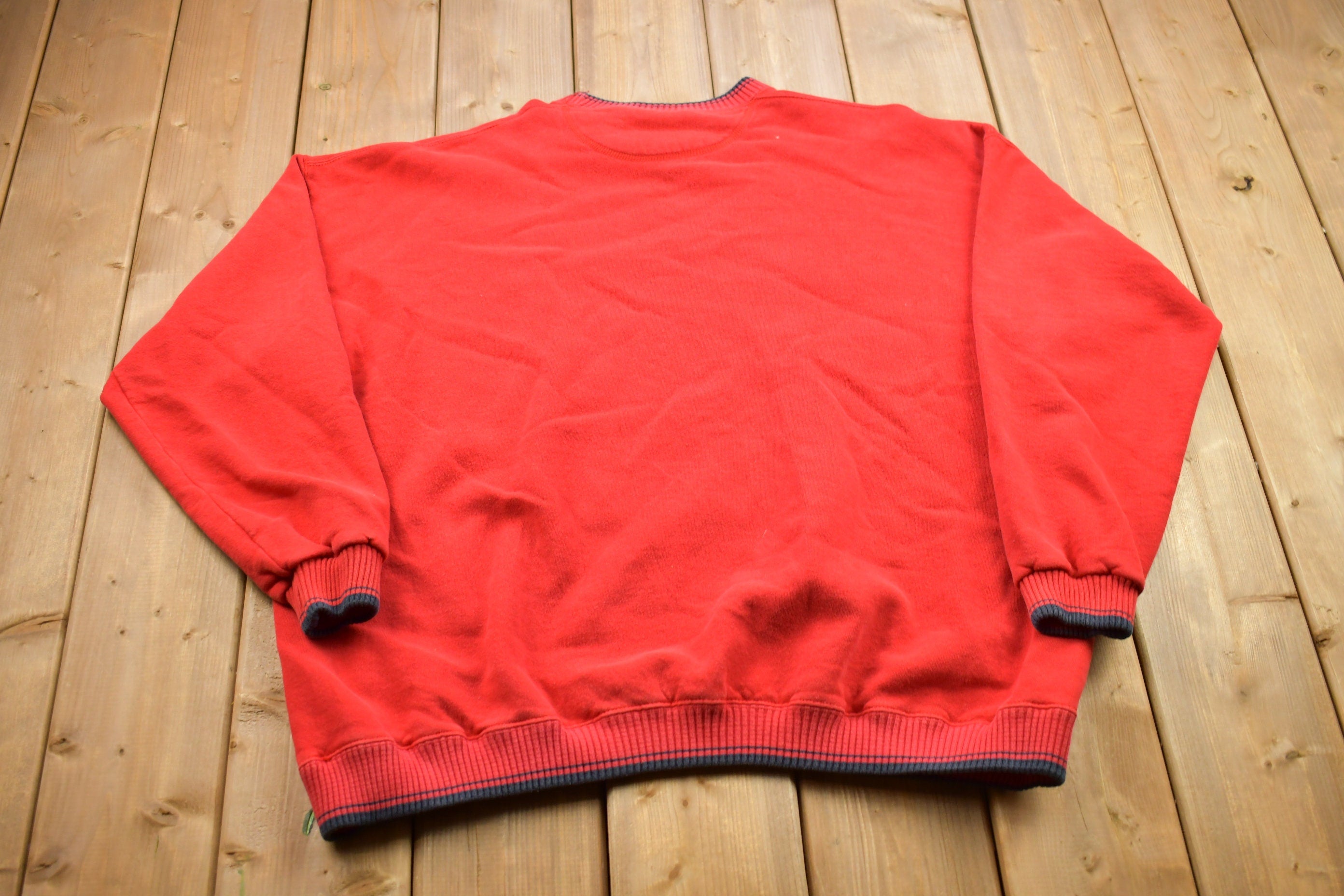 Vintage 1990s Striped Cuff Blank Red Crewneck Sweatshirt