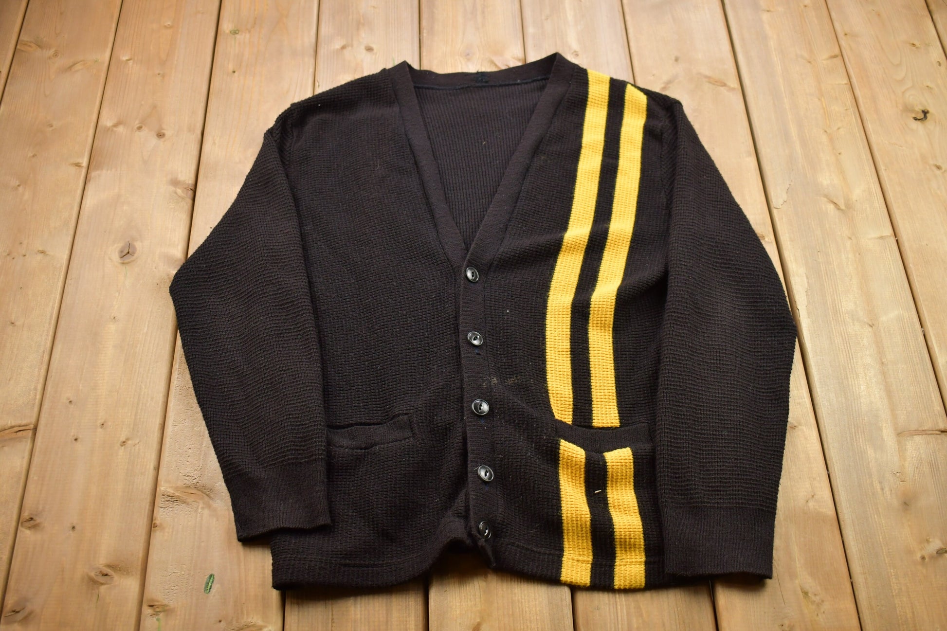 Vintage 1950s Vertical Yellow Racing Stripe Knitted Cardigan Sweater
