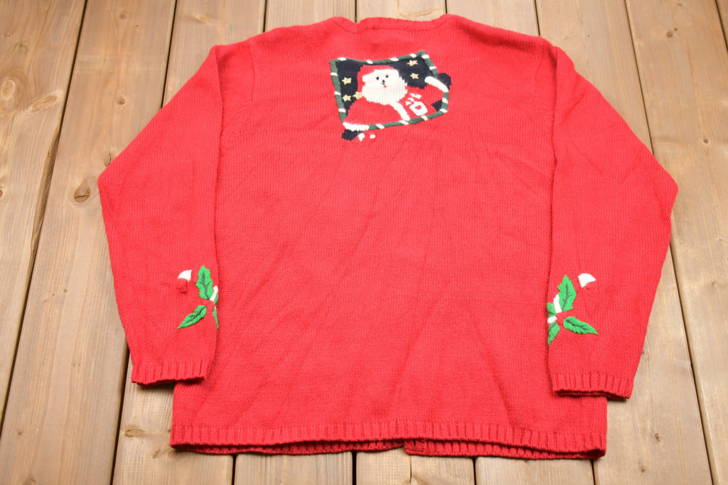 Vintage 1980s The Quacker Factory Knit Christmas Sweater / 80s Holiday Cardigan / Winter Wear / Festive Graphic Print / Embroidered