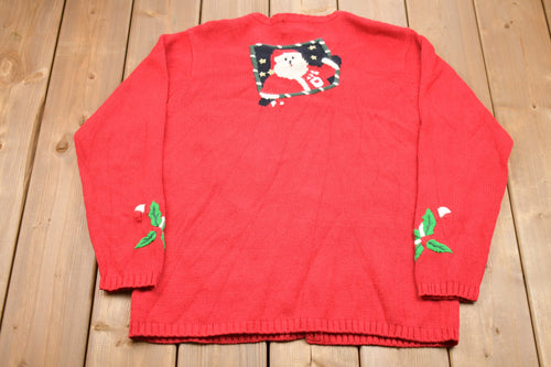 Vintage 1980s The Quacker Factory Knit Christmas Sweater / 80s Holiday Cardigan / Winter Wear / Festive Graphic Print / Embroidered