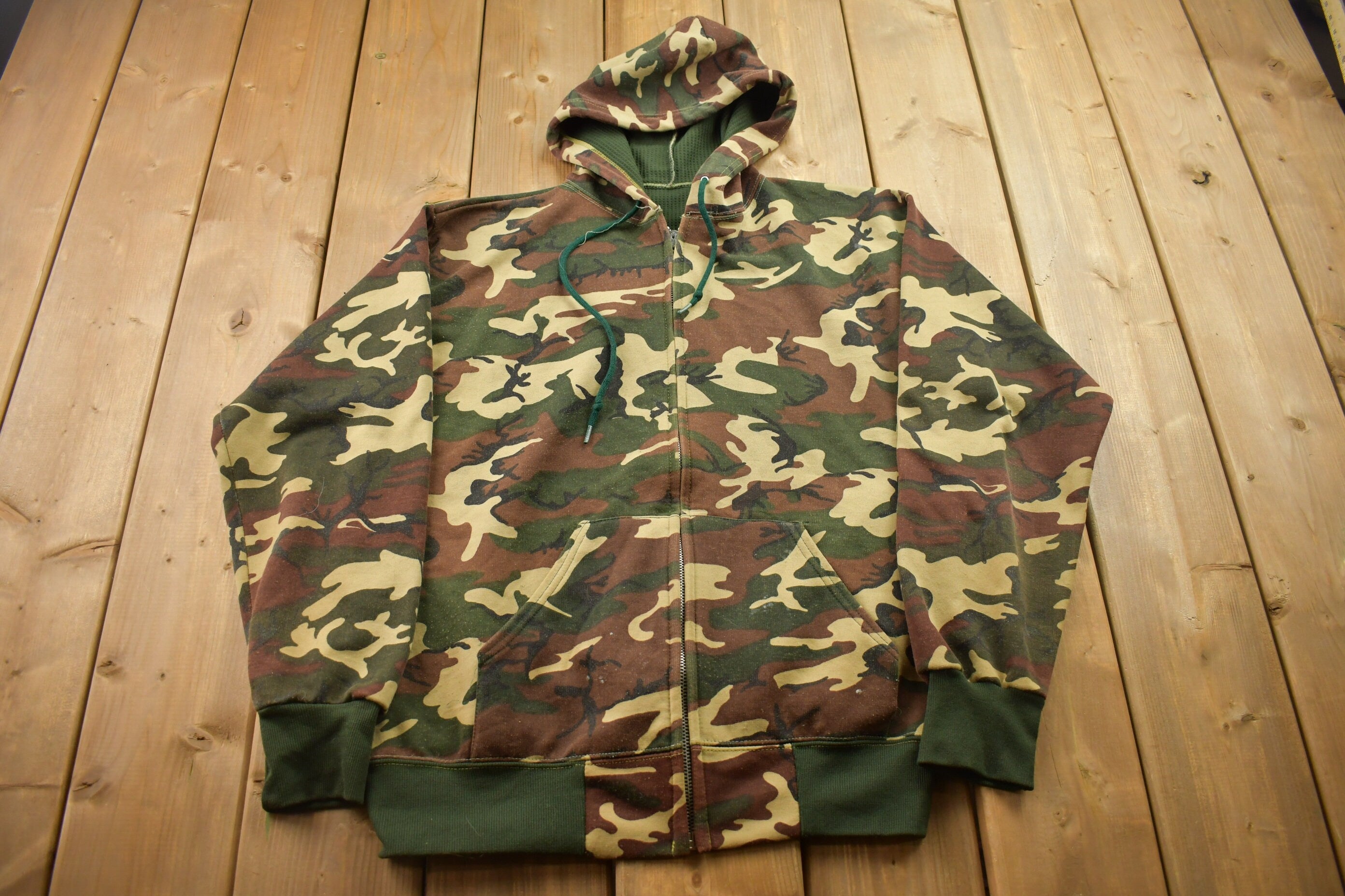 Vintage 1990s Thermal Lined Woodland Camo Zip Up Hoodie  Made in USA  90s Hoodie  Vintage Sweater  90s  Embroidered  Color Block