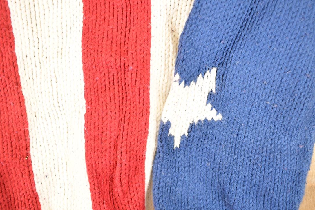 Vintage 1990s Rey Wear AOP American Flag Hand Knit Cardigan Sweater Womens S