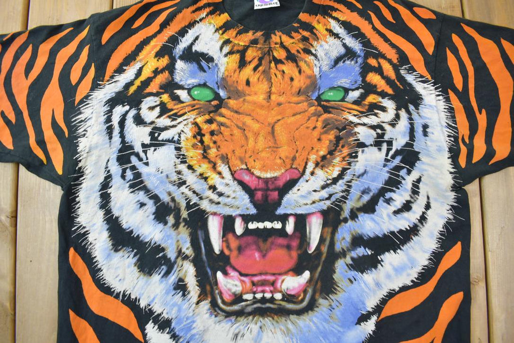 Vintage 1995 Tiger Theme All Over Print Liquid Blue Double Sided Graphic T-Shirt