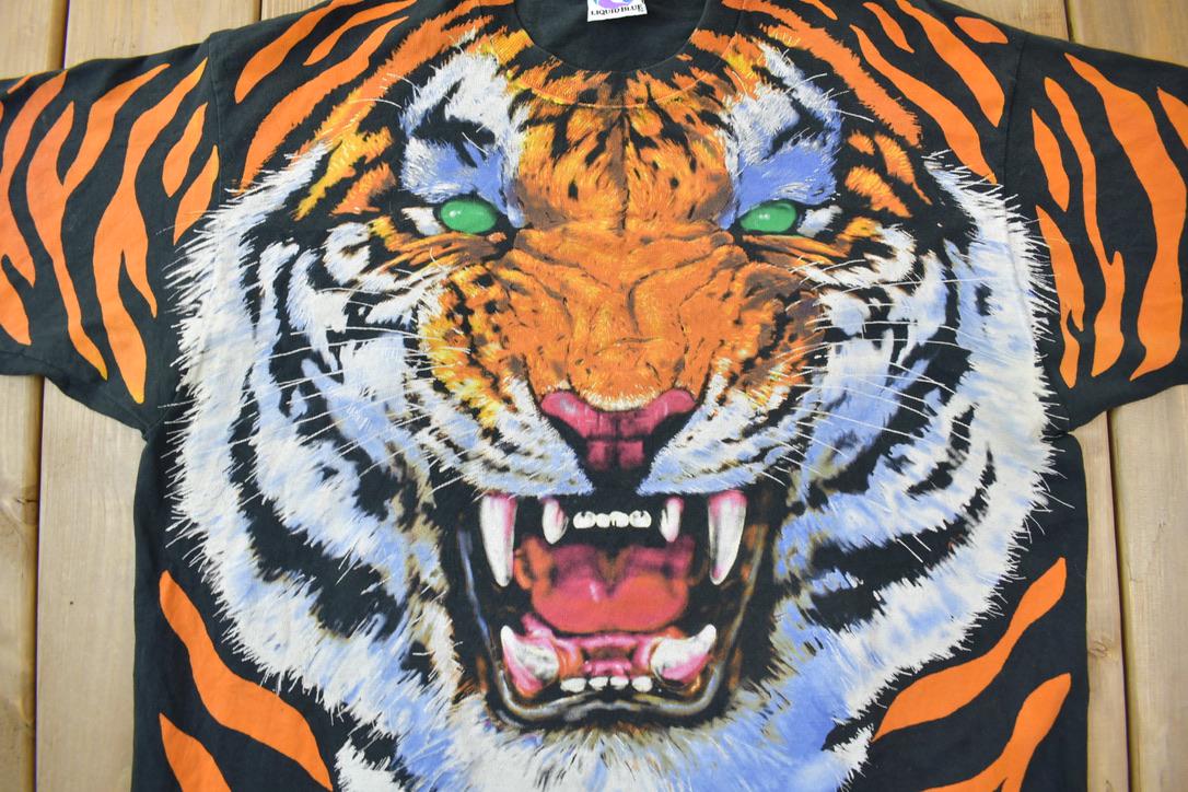 Vintage 1995 Tiger Theme All Over Print Liquid Blue Double Sided Graphic T-Shirt