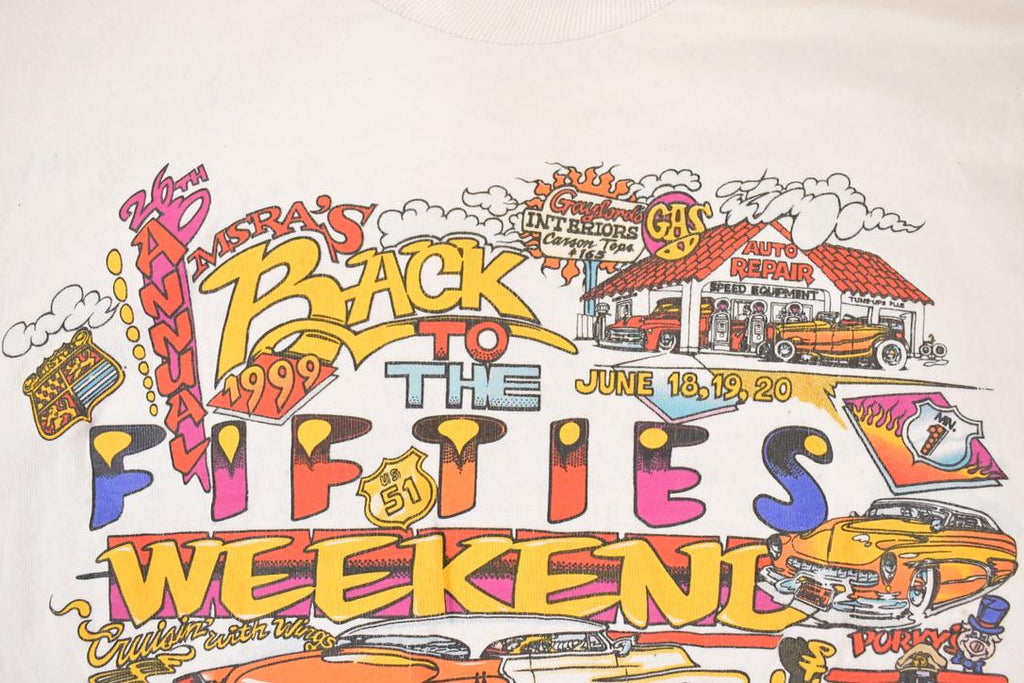 Vintage 1999 50's Weekend Cartoon Hot Rod Graphic Print Souvenir T-Shirt Men's L