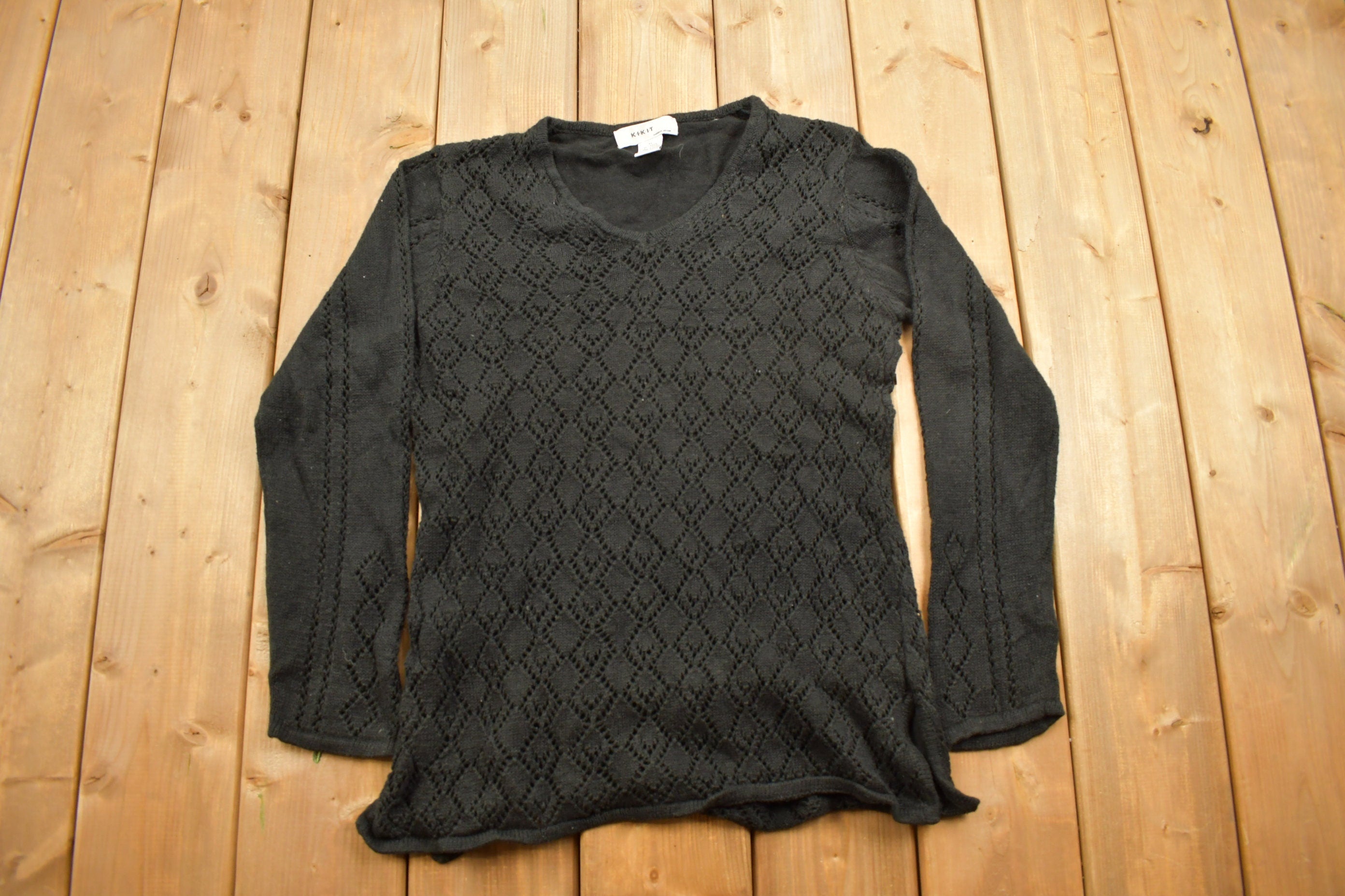 Vintage 1990s Knitted Crewneck Sweater / Vintage 90s Crewneck / All Over Pattern / Transparent / Sweatshirt / Abstract Pattern