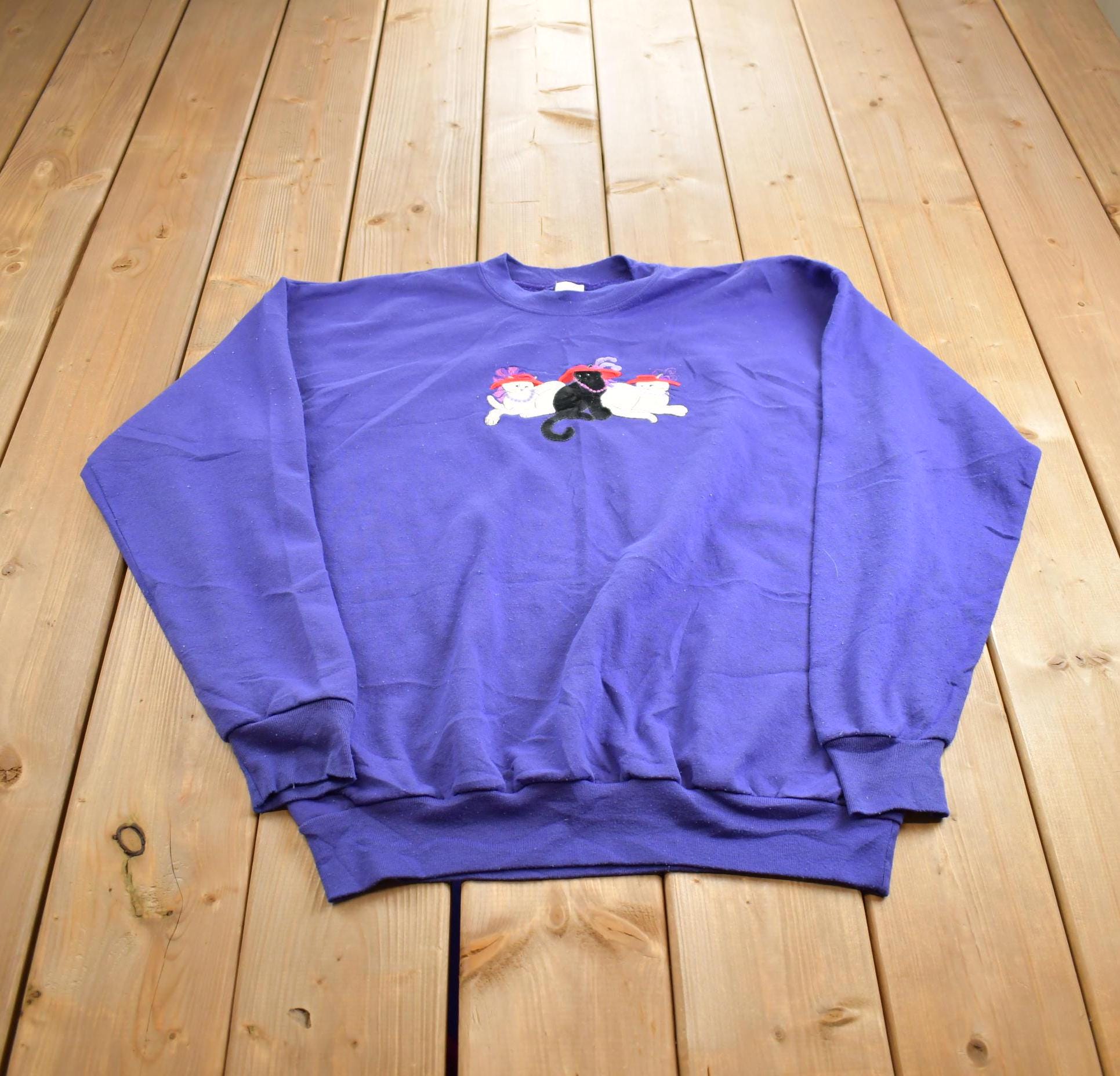 Vintage 1980s Embroidered Cats Crewneck Sweatshirt Made In USA