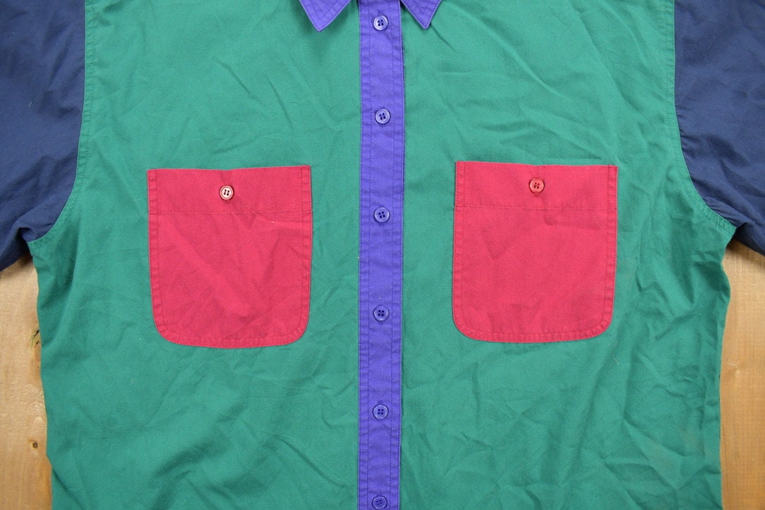 Vintage 1990s Womens Cabin Creek Colorblock Theme Button Up Shirt