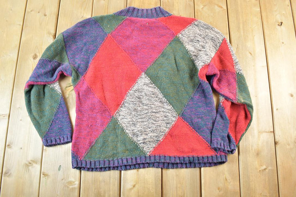 Vintage 1990s Knitted By Hand Cable Knit Abstract Pattern Crewneck Sweater Mens M / 90s Crewneck / Preppy Knits / Wool Blend / Cotton Blend