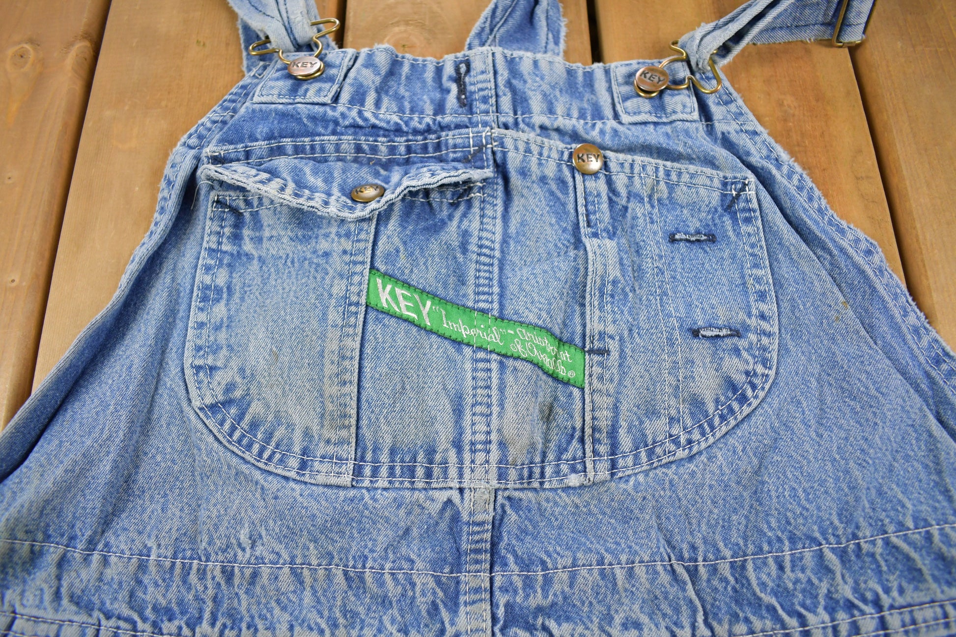 Vintage 1990s KEY Imperial Distressed Denim Jean Overalls Size 44 x 27