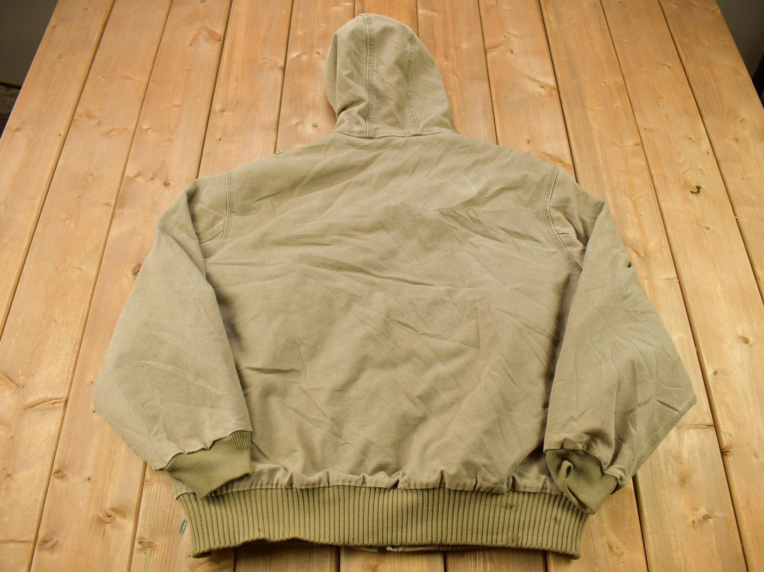 Vintage 1990s Carhartt Olive Green Hooded Cinched Active Jac Work Jacket