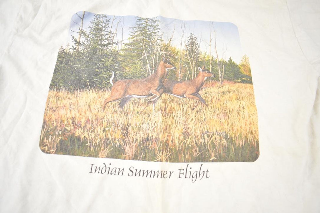 Vintage 1990s Indian Summer Flight Running Deer Graphic T-Shirt Made In USA